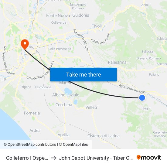 Colleferro | Ospedale to John Cabot University - Tiber Campus map