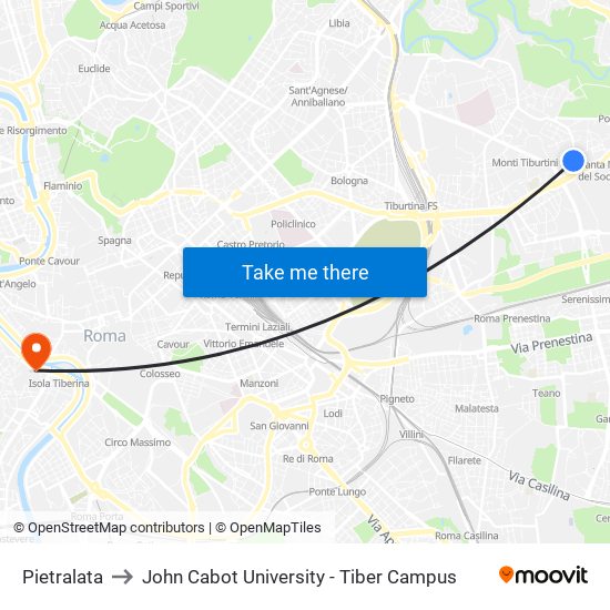 Pietralata to John Cabot University - Tiber Campus map