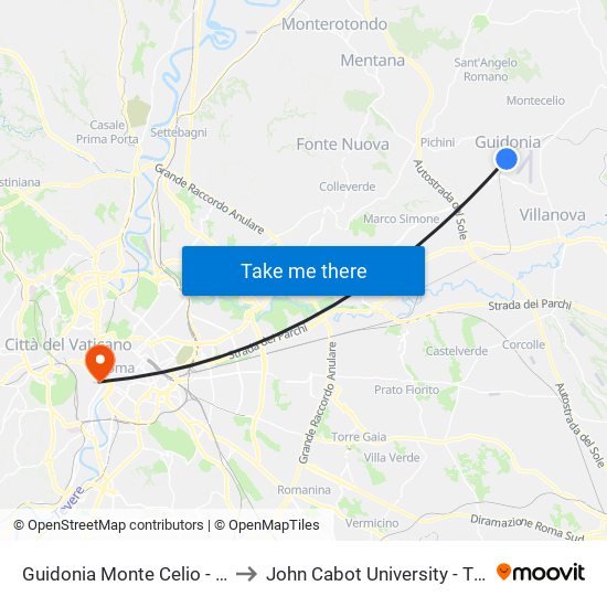 Guidonia Monte Celio - Sant'Angelo to John Cabot University - Tiber Campus map