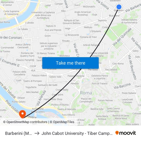 Barberini (Ma) to John Cabot University - Tiber Campus map