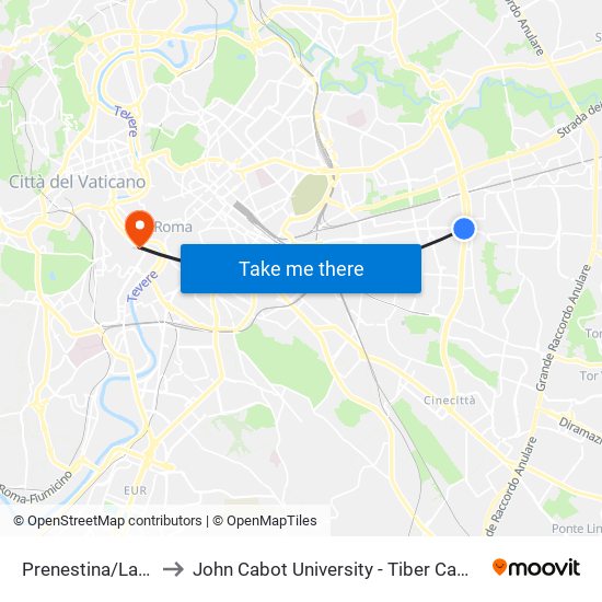 Prenestina/Larici to John Cabot University - Tiber Campus map