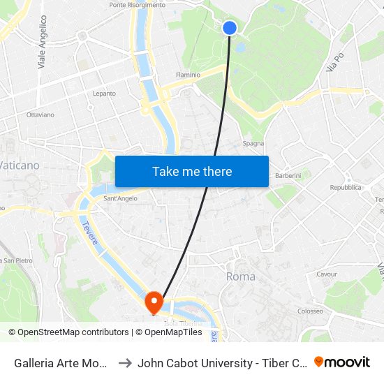 Galleria Arte Moderna to John Cabot University - Tiber Campus map