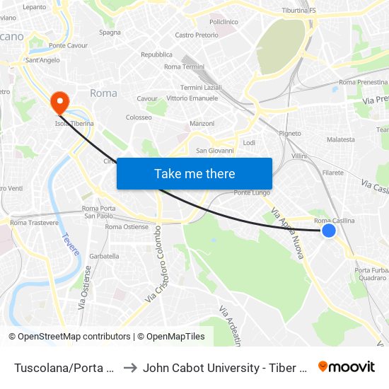 Tuscolana/Porta Furba to John Cabot University - Tiber Campus map