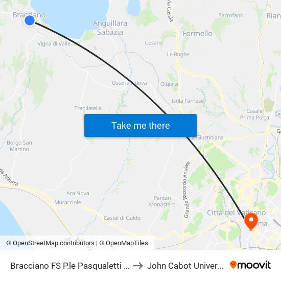 Bracciano FS P.le Pasqualetti (Capolinea Servizio Urbano) to John Cabot University - Tiber Campus map