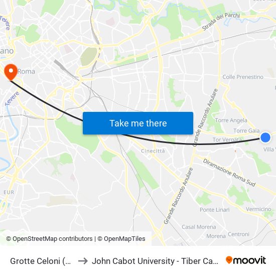 Grotte Celoni (Mc) to John Cabot University - Tiber Campus map