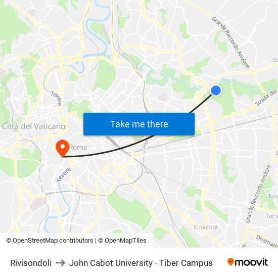 Rivisondoli to John Cabot University - Tiber Campus map