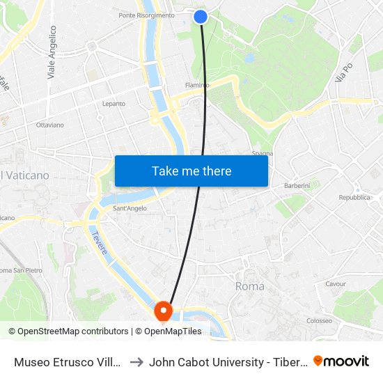 Museo Etrusco Villa Giulia to John Cabot University - Tiber Campus map