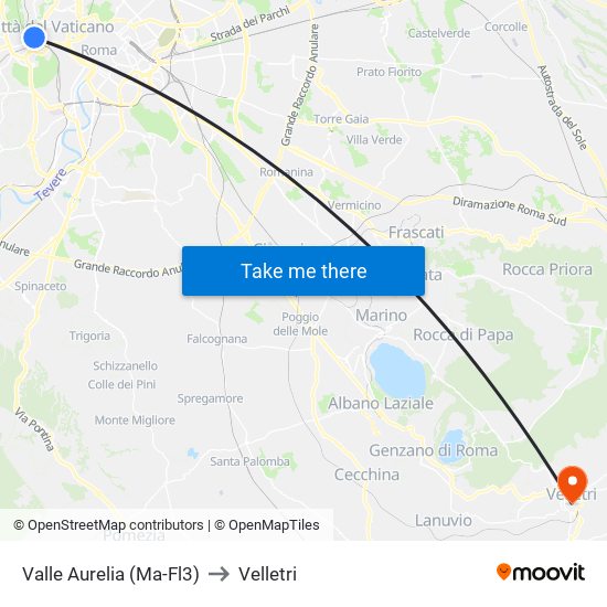 Valle Aurelia (Ma - Fl3) to Velletri map