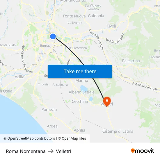 Roma Nomentana to Velletri map