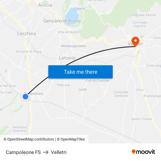 Campoleone FS to Velletri map