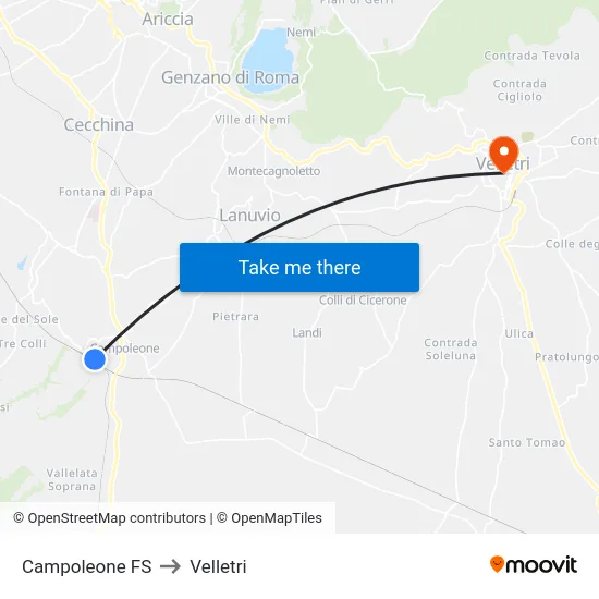 Campoleone FS to Velletri map