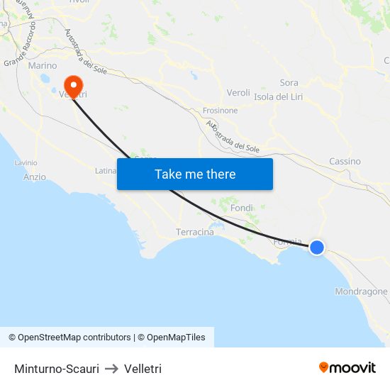 Minturno-Scauri to Velletri map