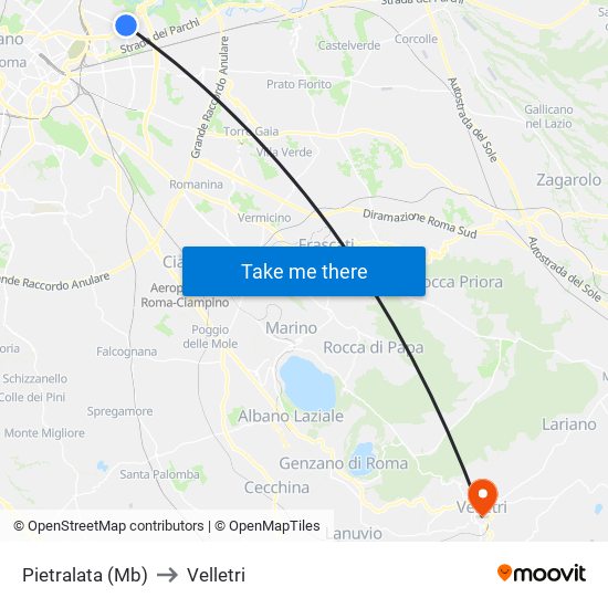 Pietralata (Mb) to Velletri map