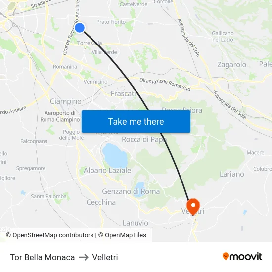 Tor Bella Monaca to Velletri map