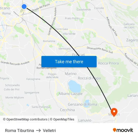 Roma Tiburtina to Velletri map