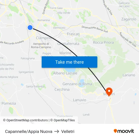 Capannelle/Appia Nuova to Velletri map
