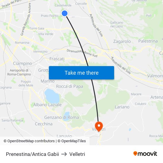 Prenestina/Antica Gabii to Velletri map