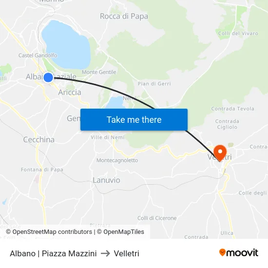 Albano via Piazza Mazzini to Velletri map