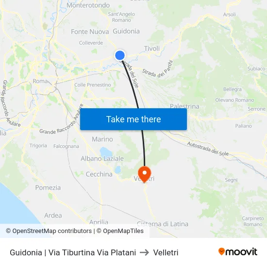 Guidonia | Via Tiburtina Via Platani to Velletri map