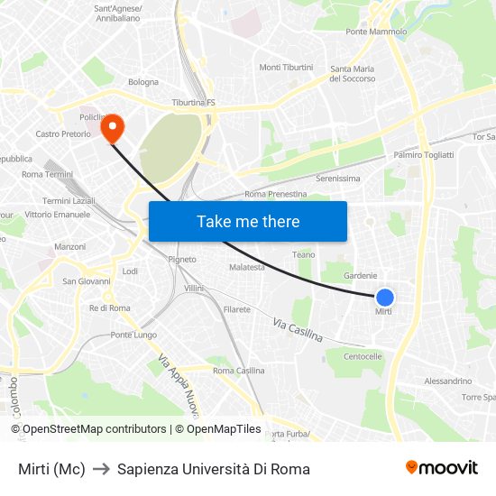 Mirti (Mc) to Sapienza Università Di Roma map