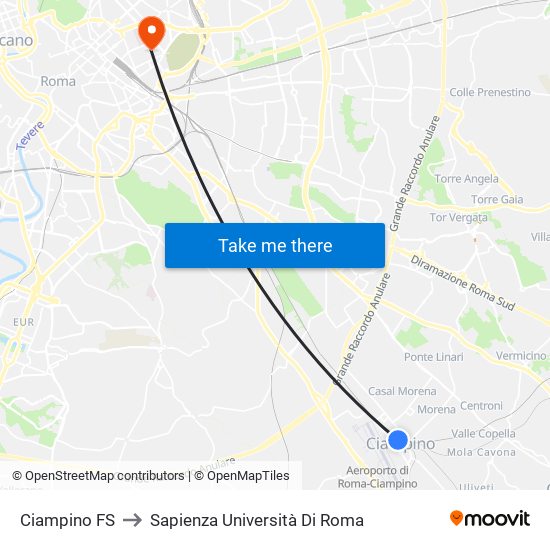 Ciampino FS to Sapienza Università Di Roma map
