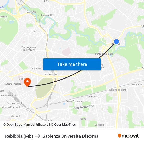 Rebibbia (Mb) to Sapienza Università Di Roma map