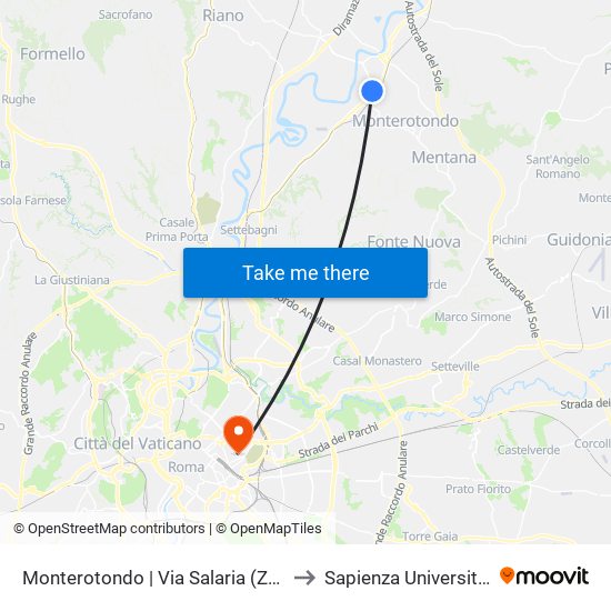 Monterotondo | Via Salaria (Zona Industriale) to Sapienza Università Di Roma map