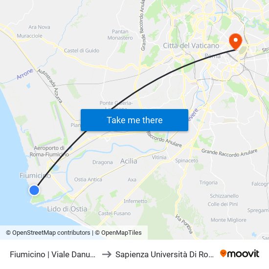 Fiumicino | Viale Danubio to Sapienza Università Di Roma map