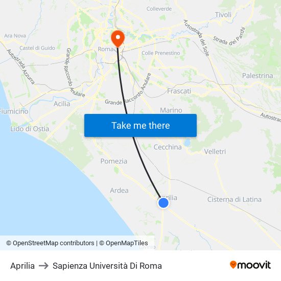 Aprilia to Sapienza Università Di Roma map