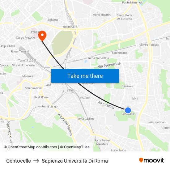 Centocelle to Sapienza Università Di Roma map