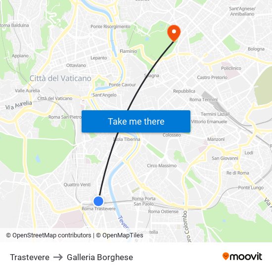 Trastevere to Galleria Borghese map