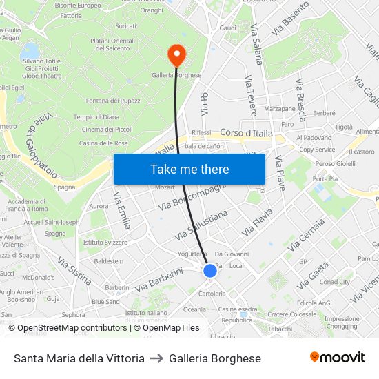Santa Maria della Vittoria to Galleria Borghese map