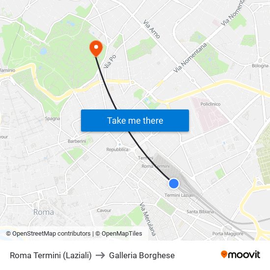 Roma Termini (Laziali) to Galleria Borghese map