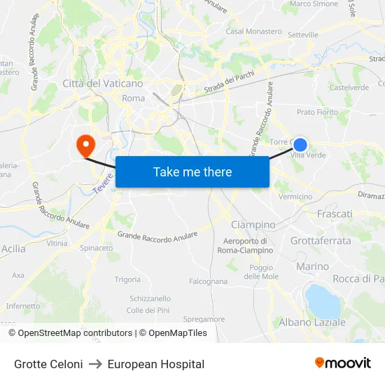 Grotte Celoni to European Hospital map