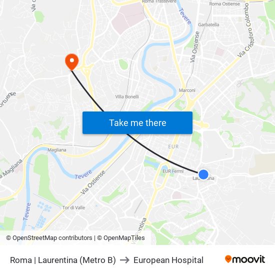 Roma | Laurentina (Metro B) to European Hospital map