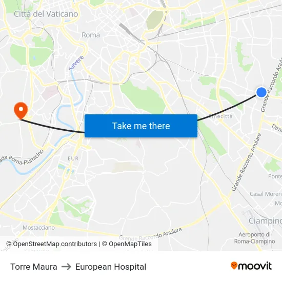 Torre Maura to European Hospital map