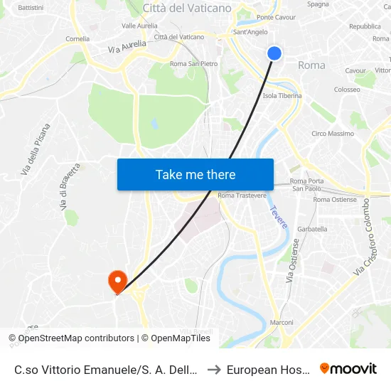 C.so Vittorio Emanuele/S. A. Della Valle to European Hospital map