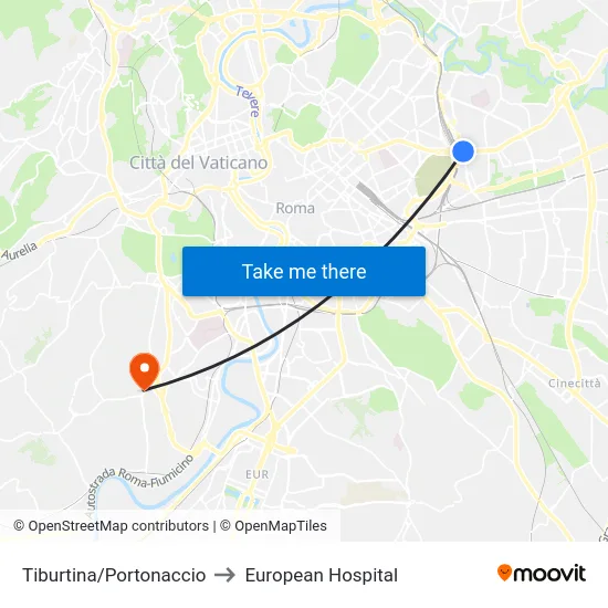 Tiburtina/Portonaccio to European Hospital map