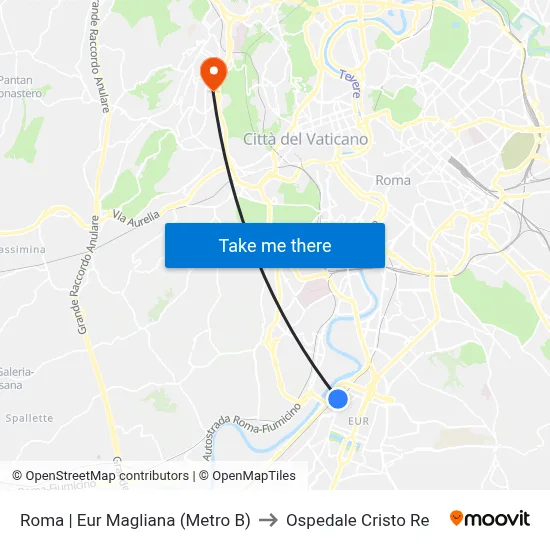 Rome | Eur Magliana (Metro B) to Cristo Re Hospital map