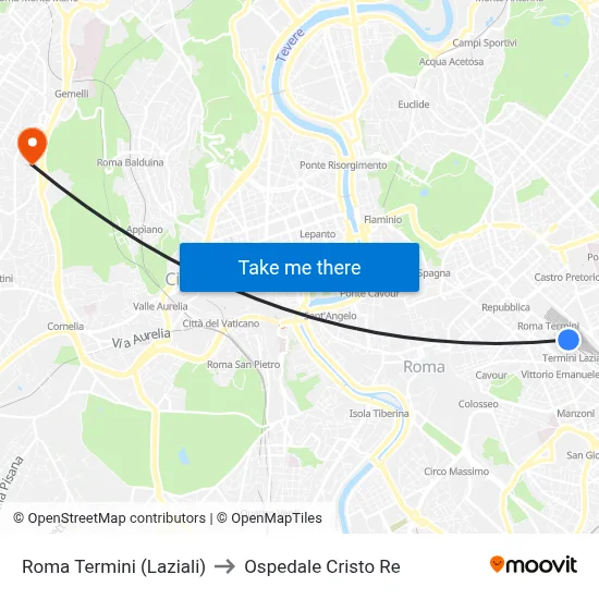 Roma Termini (Laziali) to Cristo Re Hospital map