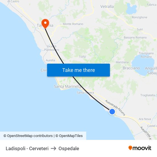 Ladispoli - Cerveteri to Ospedale map