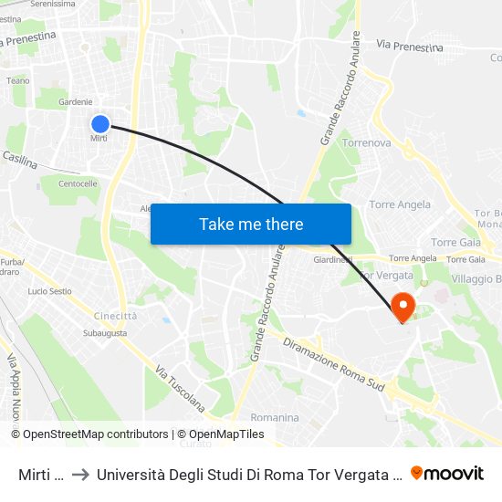 Mirti (Mc) to Università Degli Studi Di Roma Tor Vergata - Facoltà Di Ingegneria map