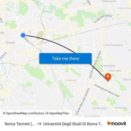 Roma Termini (Airport Shuttles) to Università Degli Studi Di Roma Tor Vergata - Facoltà Di Ingegneria map