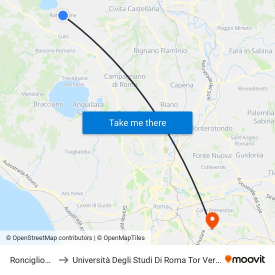 Ronciglione S. Anna to Università Degli Studi Di Roma Tor Vergata - Facoltà Di Ingegneria map