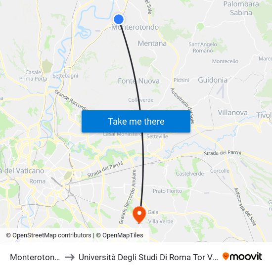 Monterotondo-Mentana to Università Degli Studi Di Roma Tor Vergata - Facoltà Di Ingegneria map