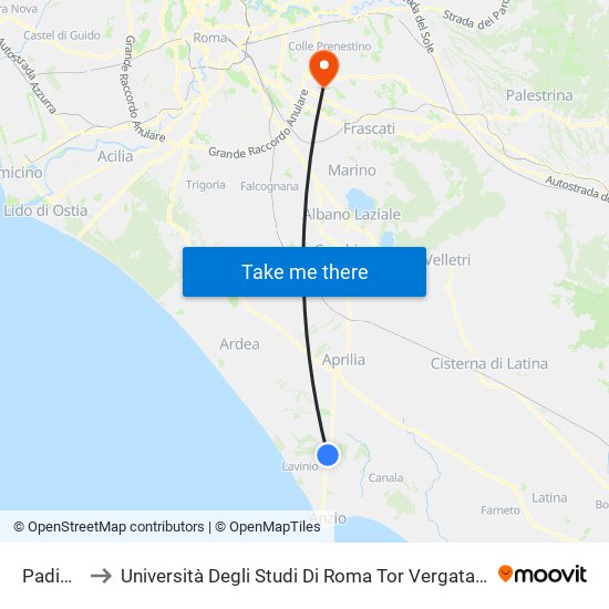 Padiglione to Università Degli Studi Di Roma Tor Vergata - Facoltà Di Ingegneria map
