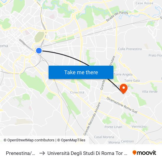 Prenestina/Officine Atac to Università Degli Studi Di Roma Tor Vergata - Facoltà Di Ingegneria map
