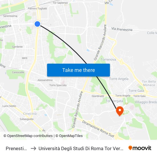 Prenestina/Larici to Università Degli Studi Di Roma Tor Vergata - Facoltà Di Ingegneria map