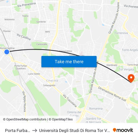 Porta Furba/Tuscolana to Università Degli Studi Di Roma Tor Vergata - Facoltà Di Ingegneria map