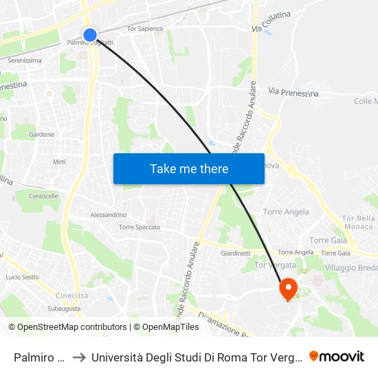 Palmiro Togliatti to Università Degli Studi Di Roma Tor Vergata - Facoltà Di Ingegneria map